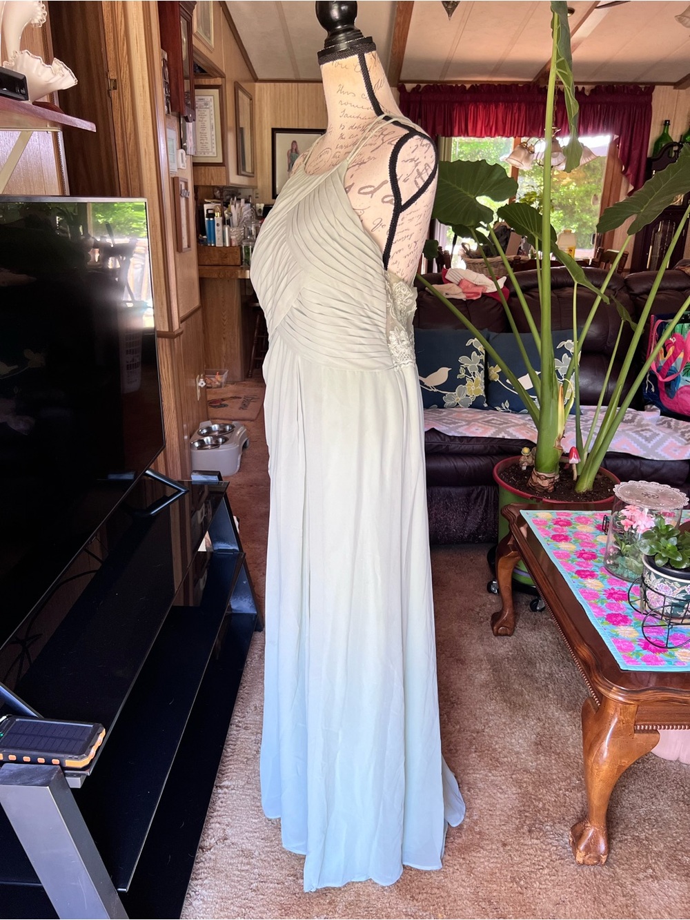 Azazie Ginger Dusty Sage A-Line Halter Pleated Chiffon Dress. - Picture 6 of 16